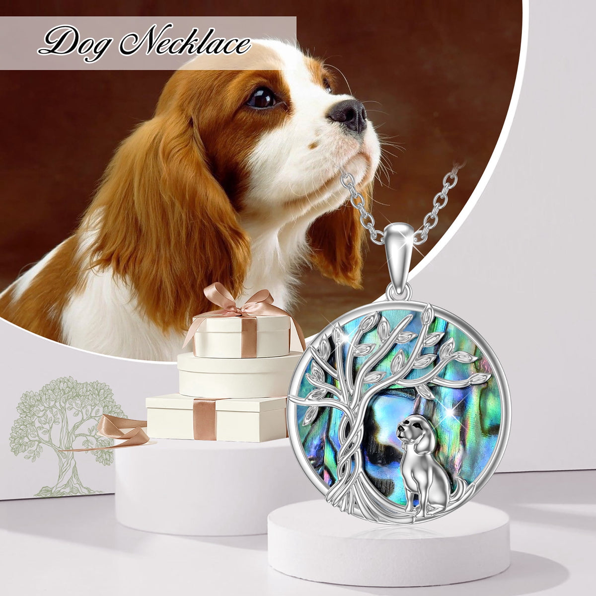 Tree of Life Dog Necklace Sterling Silver with Abalone Shell Animal Pendant Jewelry Birthday Anniversary Mothers Valentines Day Gifts for Women