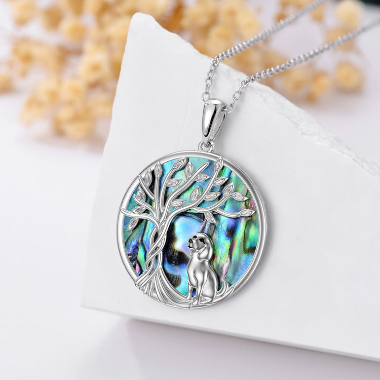Tree of Life Dog Necklace Sterling Silver with Abalone Shell Animal Pendant Jewelry Birthday Anniversary Mothers Valentines Day Gifts for Women