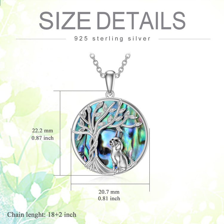 Tree of Life Dog Necklace Sterling Silver with Abalone Shell Animal Pendant Jewelry Birthday Anniversary Mothers Valentines Day Gifts for Women