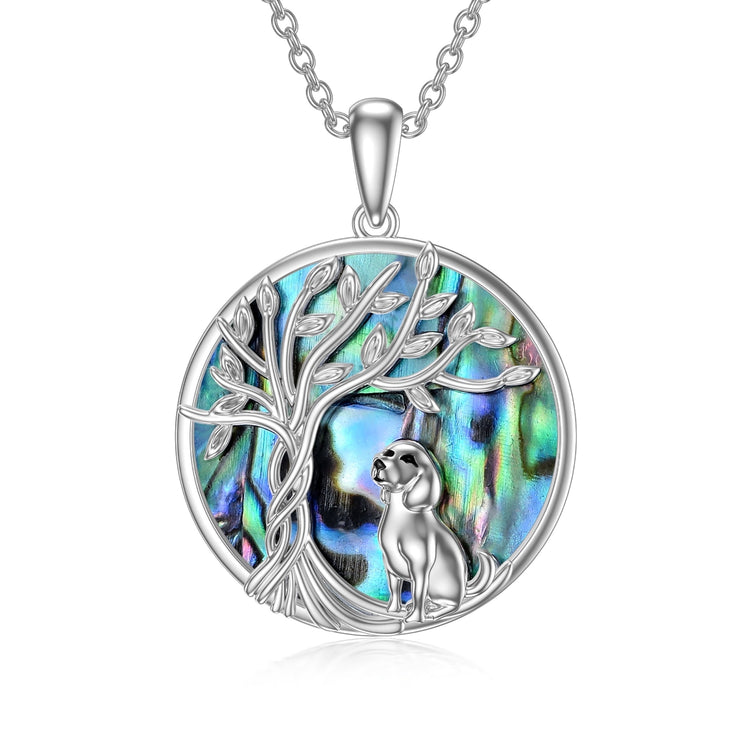 Tree of Life Dog Necklace Sterling Silver with Abalone Shell Animal Pendant Jewelry Birthday Anniversary Mothers Valentines Day Gifts for Women